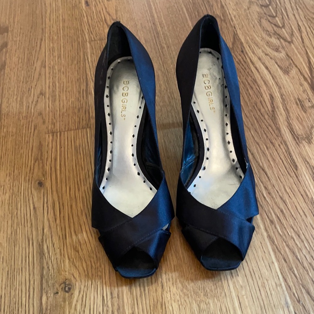 Black satin size 8 1/2 BCBGirls peep tie heels